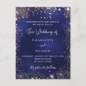 Invitation Carte Postale Mariage de parties scintillant en or bleu marine (Devant)