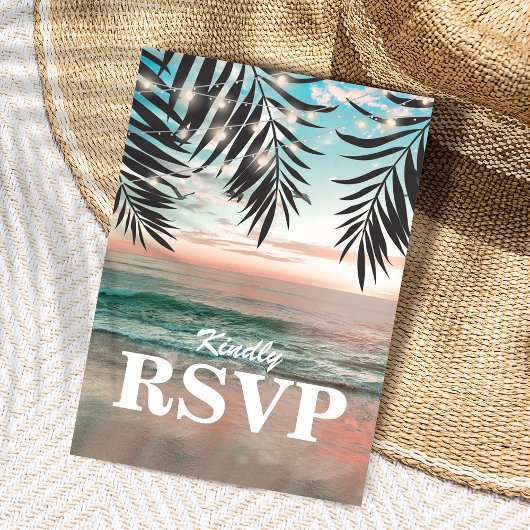 Invitation Carte Postale Mariage de plage tropicale RSVP | Chaîne de lumièr