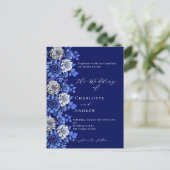Invitation Carte Postale Mariage de scénario florale bleu marine en argent (Debout devant)