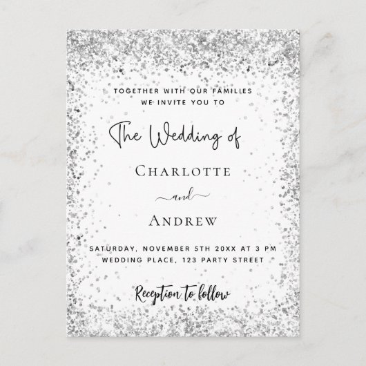Invitation Carte Postale Mariage de script de parties scintillant argent bl (Devant)