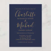 Invitation Carte Postale Mariage de script de signature bleu et or Marine (Devant)