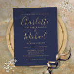 Invitation Carte Postale Mariage de script de signature bleu et or Marine<br><div class="desc">Avec des noms de style signature,  cette élégante carte postale bleu marine et or peut être personnalisée avec vos informations en lettres chic. Conçu par Thisisnotme©</div>