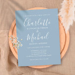 Invitation Carte Postale Mariage de script de signature bleu foncé<br><div class="desc">Doté de noms de style signature,  cette élégante carte postale bleu poussiéreux peut être personnalisée avec vos informations en lettres chic. Conçu par Thisisnotme©</div>