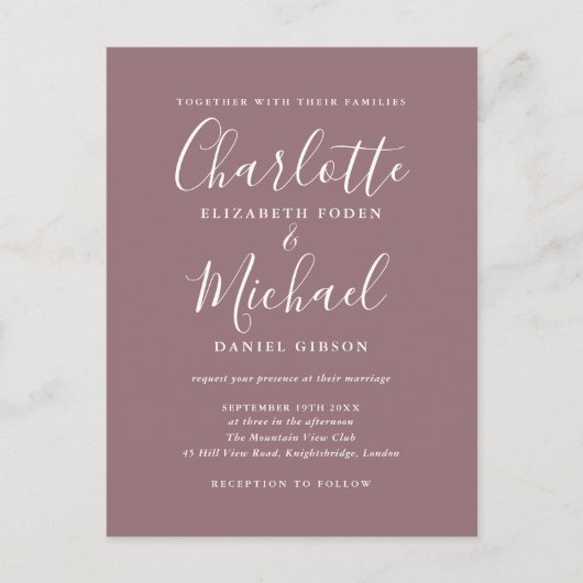 Invitation Carte Postale Mariage de script de signature Mauve (Devant)