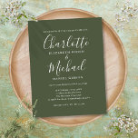 Invitation Carte Postale Mariage de script de signature vert olive<br><div class="desc">Dotée de noms de style signature,  cette élégante carte postale verte olive peut être personnalisée avec vos informations en lettres chic. Conçu par Thisisnotme©</div>