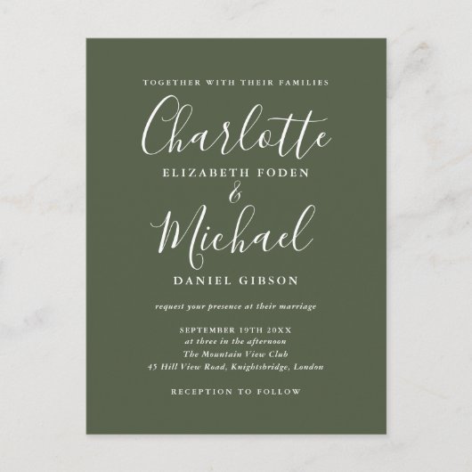 Invitation Carte Postale Mariage de script de signature vert olive (Devant)