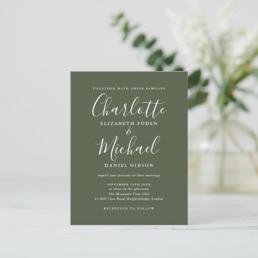 Invitation Carte Postale Mariage de script de signature vert olive (Debout devant)