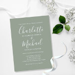 Invitation Carte Postale Mariage de script de signature verte Sage<br><div class="desc">Avec des noms de style signature,  cette élégante carte postale verte sauge peut être personnalisée avec vos informations en lettres chic. Conçu par Thisisnotme©</div>