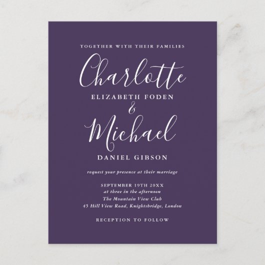 Invitation Carte Postale Mariage de script de signature violet (Devant)