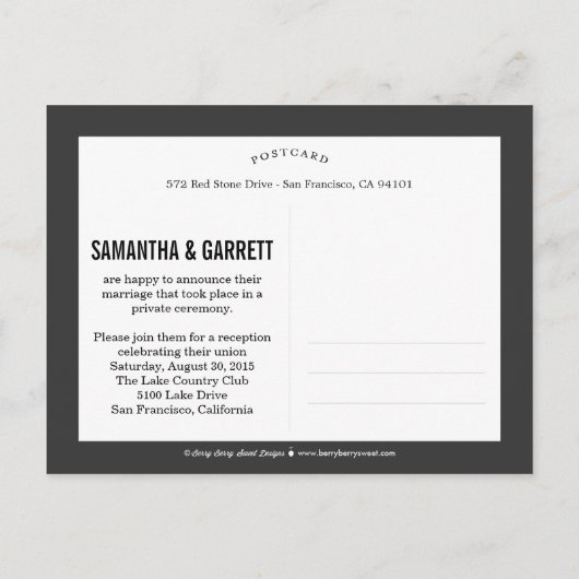 Invitation Carte Postale Mariage de script romantique - Noir (Dos)