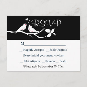 Invitation Carte Postale Mariage de tourtereaux noir et blanc, RSVP, Fête d