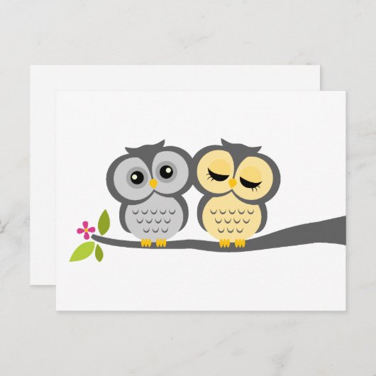 Invitation Carte Postale Mariage des Chouettes gris et jaunes (Devant / Derrière)
