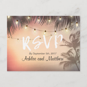 Invitation Carte Postale Mariage d'été Lumières de chaîne Palm Tree réponse