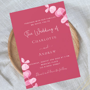 Invitation Carte Postale Mariage d'eucalyptus rose magenta
