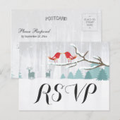 Invitation Carte Postale Mariage d'hiver Cerf Oiseau Merveilleux de Neige C (Devant / Derrière)