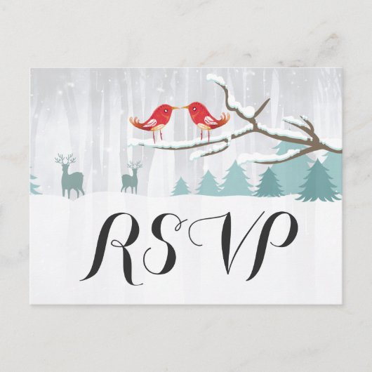 Invitation Carte Postale Mariage d'hiver Cerf Oiseau Merveilleux de Neige C (Devant)