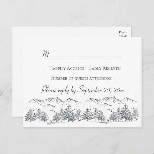 Invitation Carte Postale Mariage d'hiver RSVP Mountain Trees Pays rustique (Devant / Derrière)