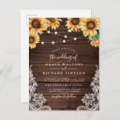 Invitation Carte Postale Mariage élégant en bois, tournesols, lumières et d (Devant / Derrière)