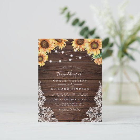 Invitation Carte Postale Mariage élégant en bois, tournesols, lumières et d (Debout devant)