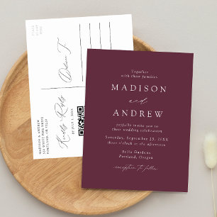 Invitation Carte Postale Mariage Élégant Moderne Code QR Violet