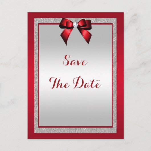 Invitation Carte Postale Mariage élégant rouge rubis et paillettes argentée (Devant)