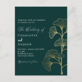 Invitation Carte Postale Mariage émeraude vert ginkgo or feuille (Devant)