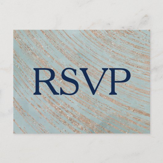 Invitation Carte Postale Mariage en cuivre et en marbre bleu RSVP (Devant)