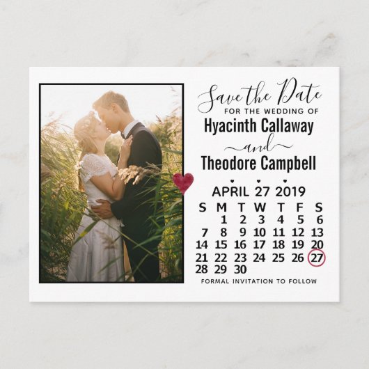 Invitation Carte Postale Mariage Enregistrer la date Avril 2019 Calendrier  (Devant)