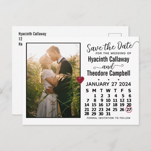 Invitation Carte Postale Mariage Enregistrer la date Janvier 2024 Calendrie (Devant / Derrière)