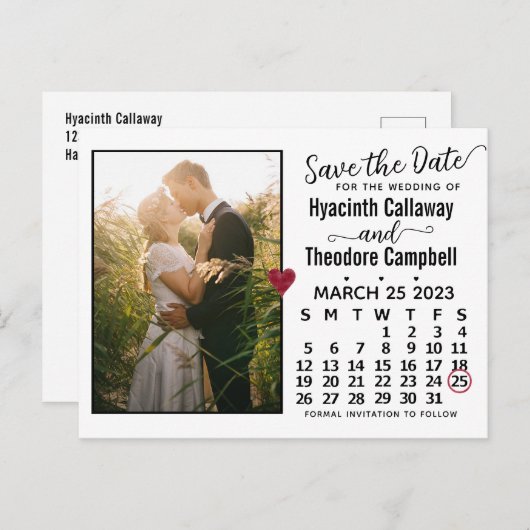 Invitation Carte Postale Mariage Enregistrer la date Mars 2023 Calendrier P (Devant / Derrière)