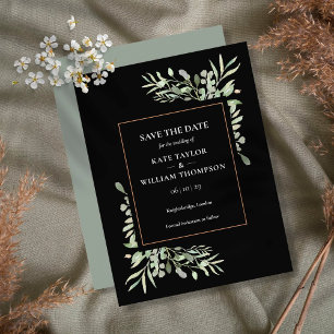 Invitation Carte Postale Mariage Feuilles de Verdure Noir Or Économisez la