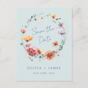 Invitation Carte Postale Mariage Fleur sauvage bleu Enregistrer la date