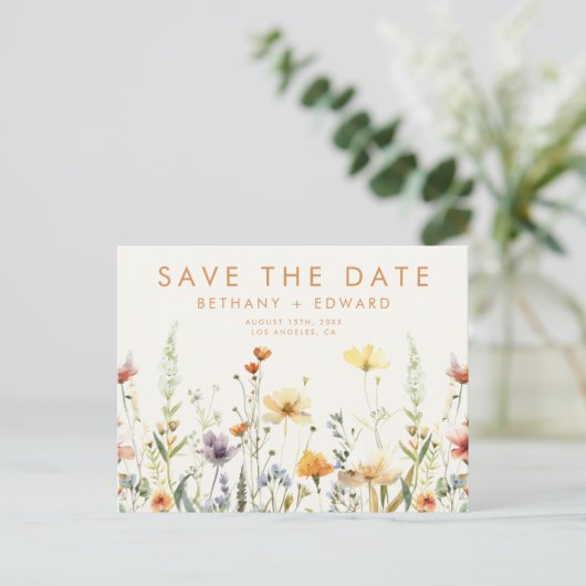 Invitation Carte Postale Mariage Fleur sauvage rustique Enregistrer la date (Debout devant)