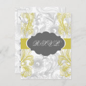 Invitation Carte Postale mariage fleuri gris et jaune (Devant / Derrière)
