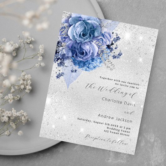 Invitation Carte Postale Mariage floral bleu argenté