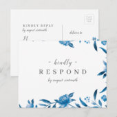 Invitation Carte Postale Mariage floral bleu et blanc à l'aquarelle (Devant / Derrière)