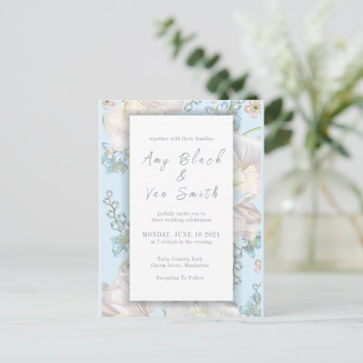 Invitation Carte Postale Mariage floral bleu Tulip (Debout devant)