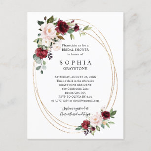 Invitation Carte Postale Mariage Floral Bourgogne Or Abstraite Fête de Fian