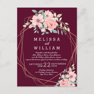 Invitation Carte Postale Mariage floral de cuivre géométrique Marsala