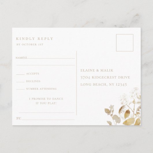 Invitation Carte Postale Mariage floral doré RSVP Song Demande d'invitation (Dos)