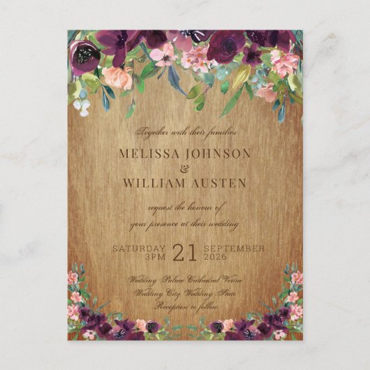 Invitation Carte Postale Mariage Floral en bois rustique (Devant)