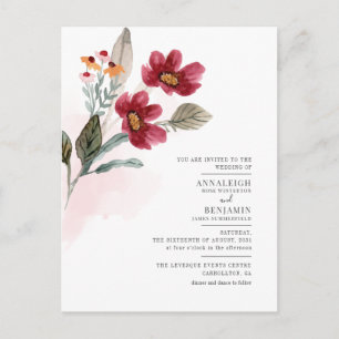 Invitation Carte Postale Mariage Floral Minimaliste Aquarelle Bordeaux