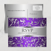 Invitation Carte Postale Mariage floral moderne violet argenté RSVP (Devant / Derrière)