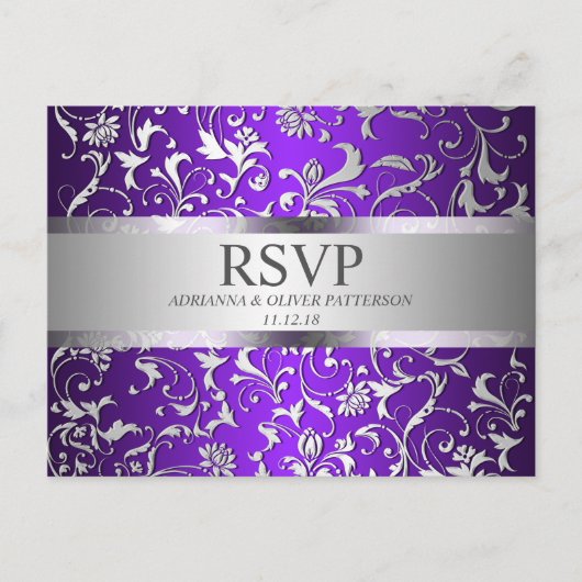 Invitation Carte Postale Mariage floral moderne violet argenté RSVP (Devant)