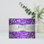 Invitation Carte Postale Mariage floral moderne violet argenté RSVP (Debout devant)