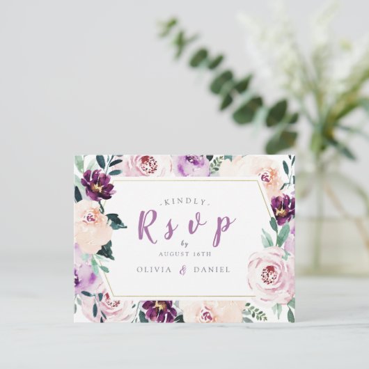 Invitation Carte Postale Mariage florissant botanique violet fleuri RSVP (Debout devant)