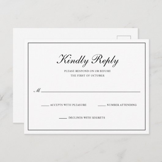 Invitation Carte Postale Mariage formel classique noir et blanc RSVP (Devant / Derrière)