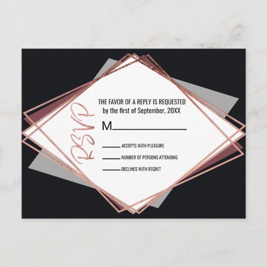 Invitation Carte Postale Mariage géométrique rose Gold Black Mauve Grey RSV (Devant)