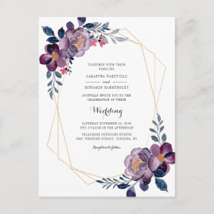Invitation Carte Postale Mariage Géométrique Violet Écriture Florale