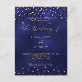 Invitation Carte Postale Mariage marine bleu or coeurs élégant script (Devant)